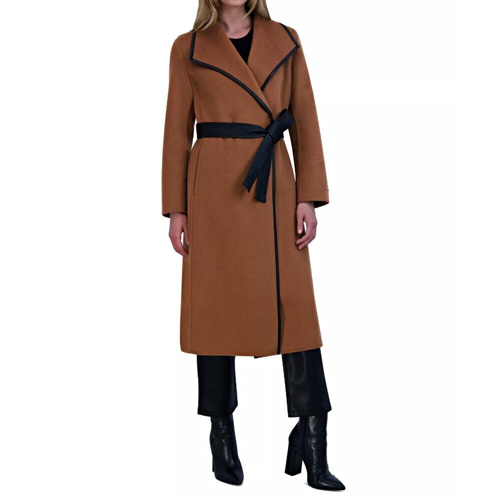 Tahari Women's Faux-Leather-Trim Removable Belted Wrap Coat Size XXS (MSRP $380)